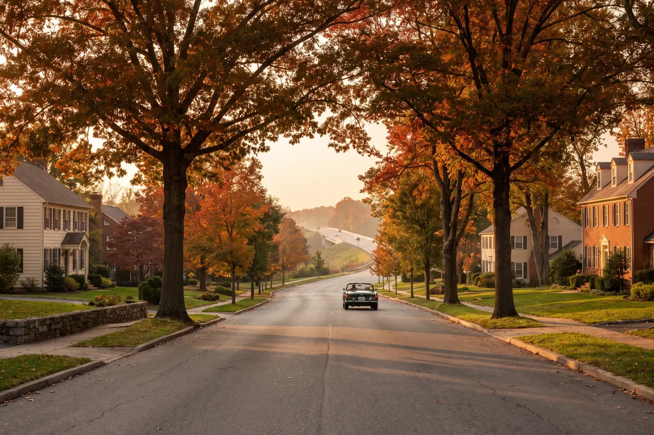 Tree-lined suburban road in Mount Laurel, New Jersey near a highway interchange