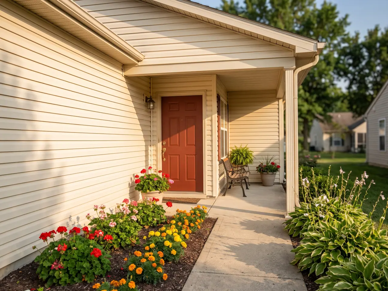 Front entrance of a well-maintained one-story patio home with a brick-red door
