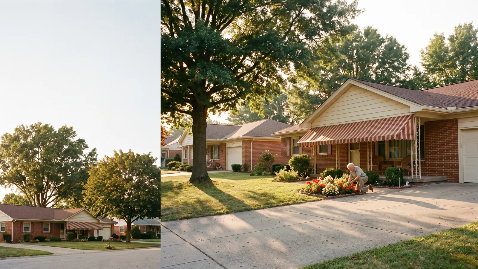 A tree-lined cul-de-sac of single-story ranch homes in a 55+ community at golden hour